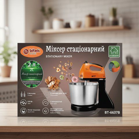 Міксер стаціонарний 250Вт металева чаша BITEK BT-6637B 1891349833 фото