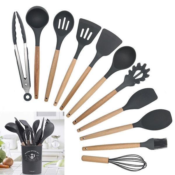 Набор кухонных принадлежностей из силикона и дерева 12 предметов Kitchen Set с подставкой 75562686 фото