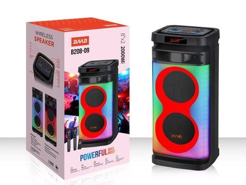 Акустична переносна колонка B208-09 80Вт 2x8" BAAB TWS/FM/USB/TF/BT/LED/2MIC 2933797064 фото