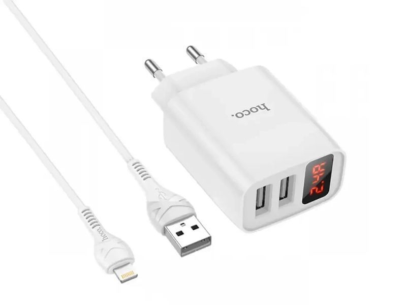 Зарядний пристрій 220В 2,4А 10,5Вт 5В USBx2 з кабелем USB - Lightning LCD Hoco C86A Illustrious 1544838168 фото