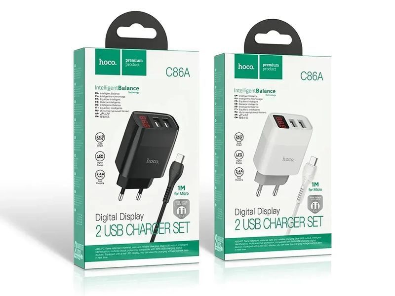 Зарядний пристрій 220В 2,4А 10,5Вт 5В USBx2 з кабелем USB - micro USB LCD Hoco C86A Illustrious 1544838169 фото