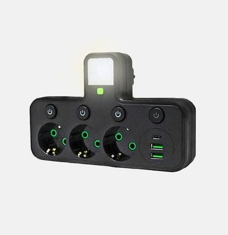 Сетевой адаптер с выключателем и ночник QS-432 10A 3 розетки 2-USB 1-Type-C 12112 фото